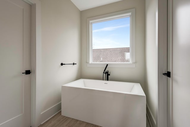 bathroom featuring hardwood / wood-style flooring and a bath