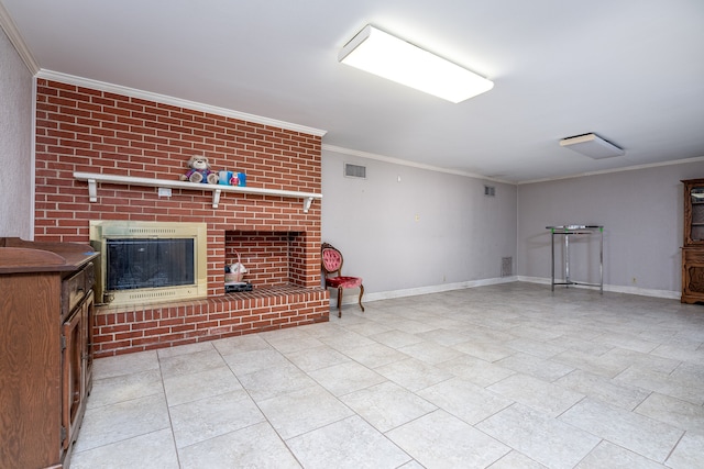 interior space featuring a fireplace and crown molding