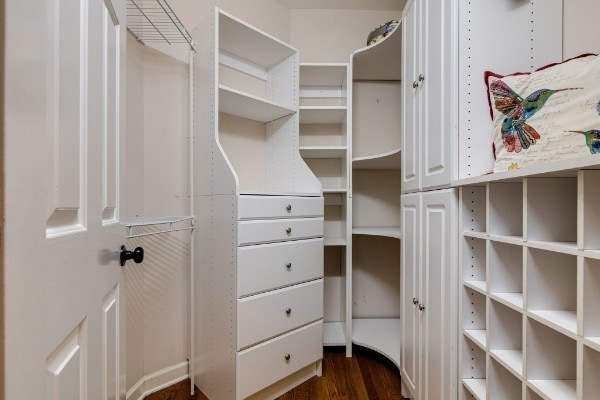 walk in closet with dark hardwood / wood-style flooring