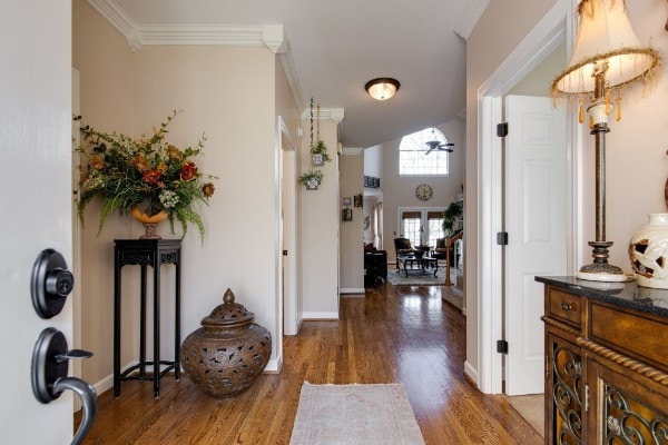 entrance foyer with crown molding and dark hardwood / wood-style flooring