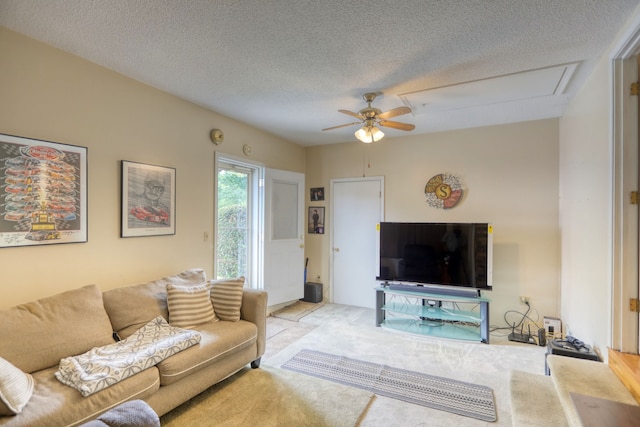 carpeted living room with ceiling fan and a textured ceiling