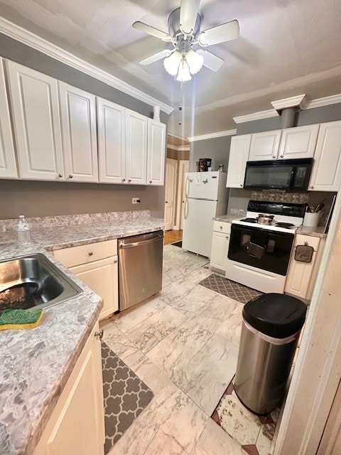 kitchen with ceiling fan, white cabinets, ornamental molding, and white appliances