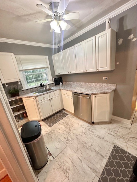 kitchen featuring stainless steel dishwasher, ornamental molding, sink, and ceiling fan