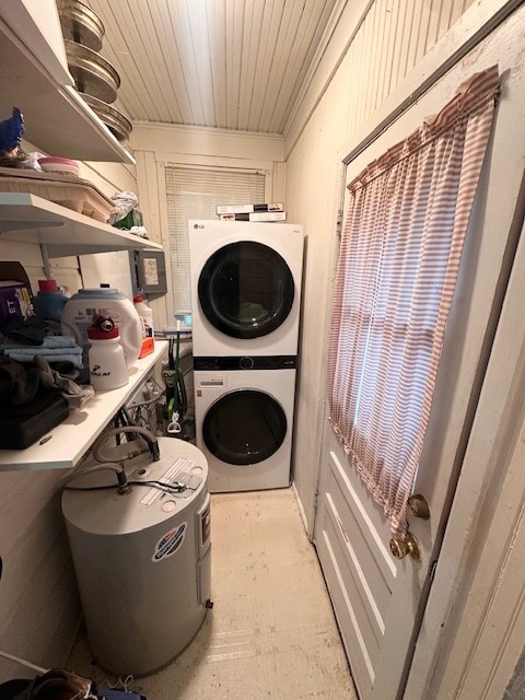 laundry area featuring stacked washer and dryer and wooden ceiling