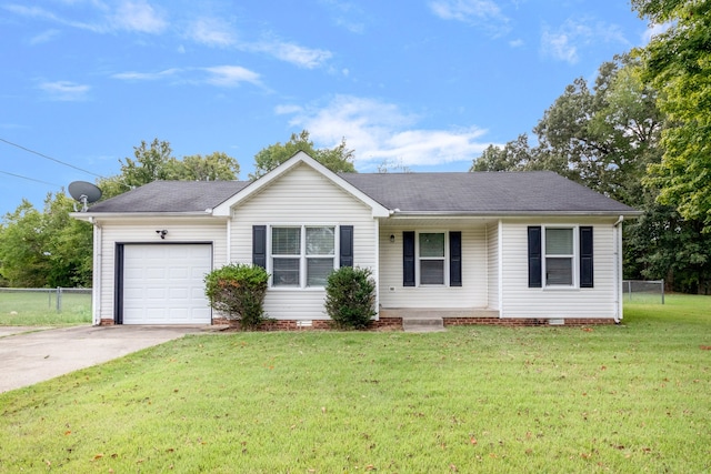 ranch-style house featuring a garage and a front lawn