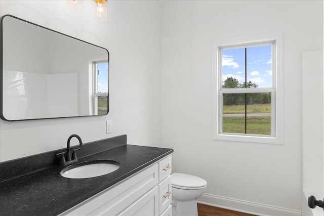 bathroom with hardwood / wood-style flooring, vanity, and toilet