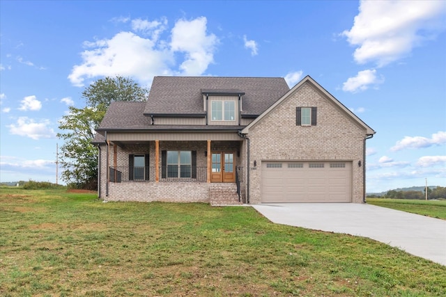 craftsman-style house with a garage, a porch, and a front lawn