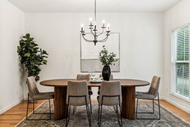 dining area featuring hardwood / wood-style floors, a chandelier, and plenty of natural light