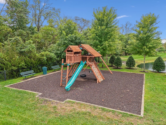 view of play area featuring a lawn