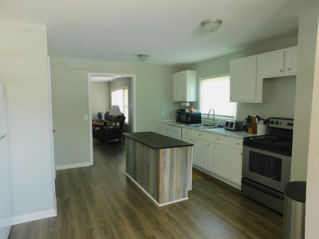 kitchen with white cabinetry, dark wood-type flooring, stainless steel electric range, dishwasher, and sink