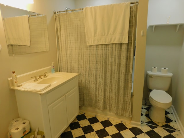 full bathroom with vanity, toilet, and shower / bath combination with curtain