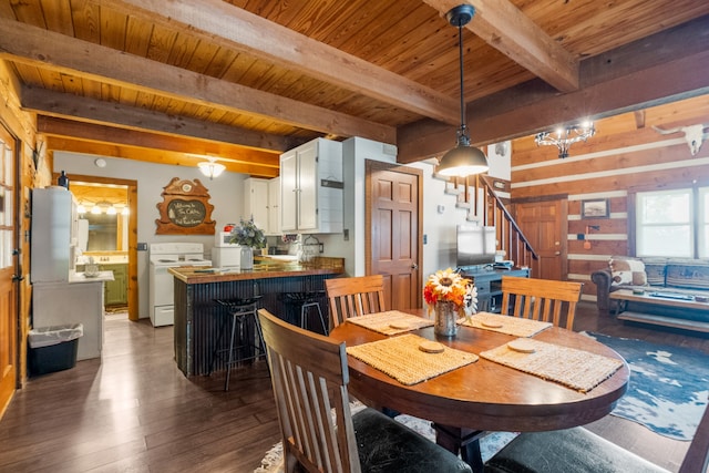 dining room with beamed ceiling, wood ceiling, and dark hardwood / wood-style flooring