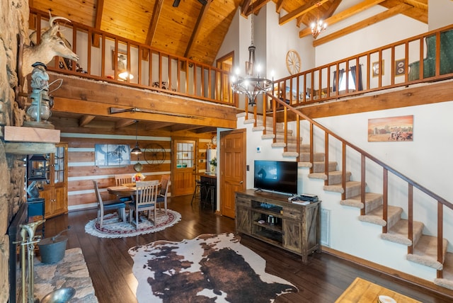 living room featuring beamed ceiling, a chandelier, high vaulted ceiling, dark hardwood / wood-style floors, and wooden ceiling