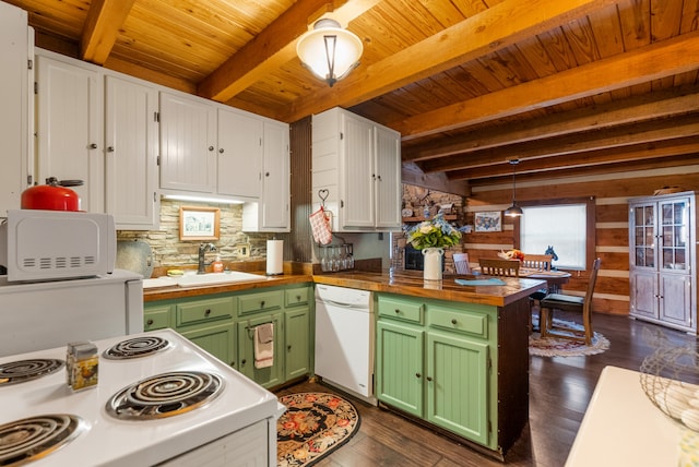 kitchen featuring green cabinetry, white appliances, beamed ceiling, and white cabinets