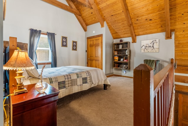 carpeted bedroom featuring wood ceiling, beamed ceiling, and high vaulted ceiling