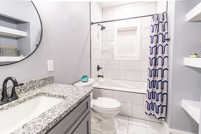 full bathroom featuring shower / tub combo with curtain, vanity, and toilet