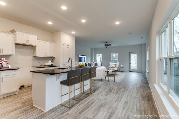 kitchen featuring white cabinets, ceiling fan, light hardwood / wood-style flooring, and plenty of natural light