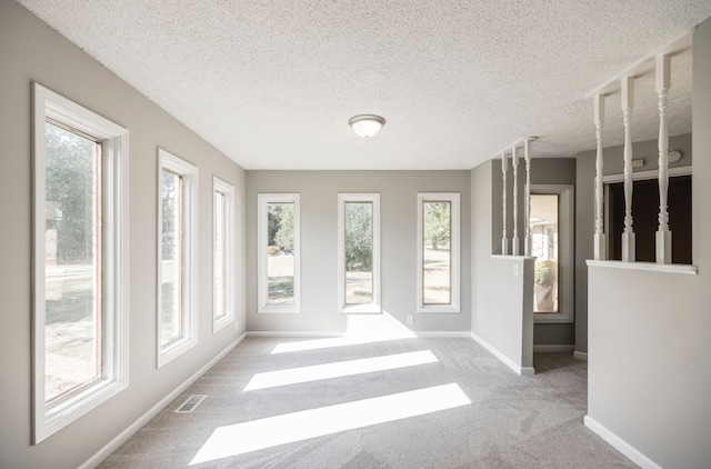 carpeted empty room featuring a textured ceiling and plenty of natural light