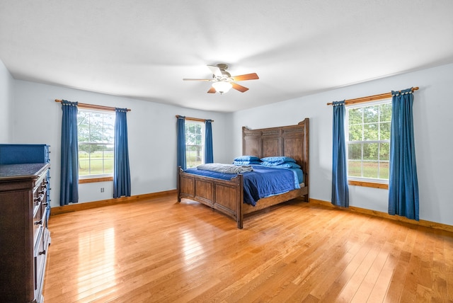 bedroom featuring ceiling fan and light hardwood / wood-style flooring