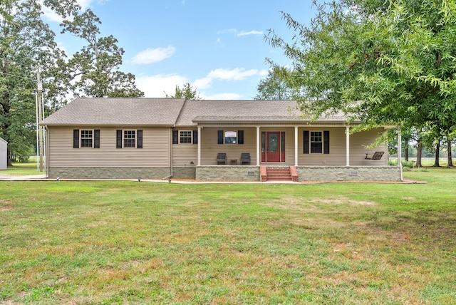 single story home with a porch and a front lawn