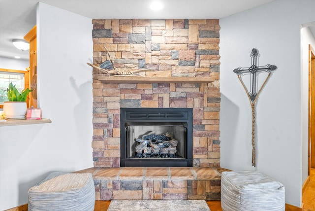 room details with wood-type flooring and a fireplace