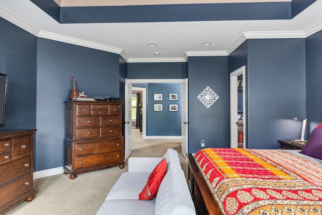 carpeted bedroom with ornamental molding