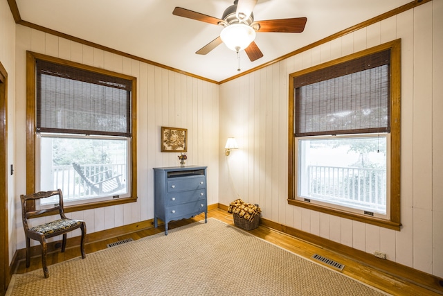 interior space with a healthy amount of sunlight, ceiling fan, and wood-type flooring