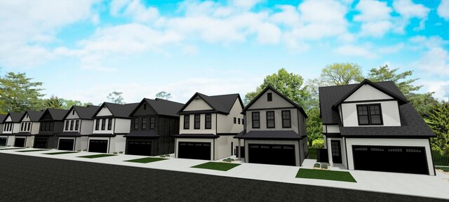 view of front of house featuring driveway, a standing seam roof, a residential view, metal roof, and a garage