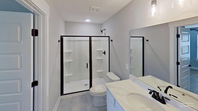 bathroom with a shower stall, visible vents, toilet, and vanity