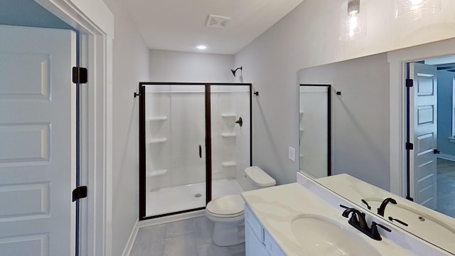 full bathroom with a stall shower, visible vents, toilet, and vanity