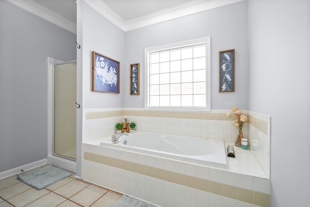 bathroom with ornamental molding, plus walk in shower, and tile patterned floors