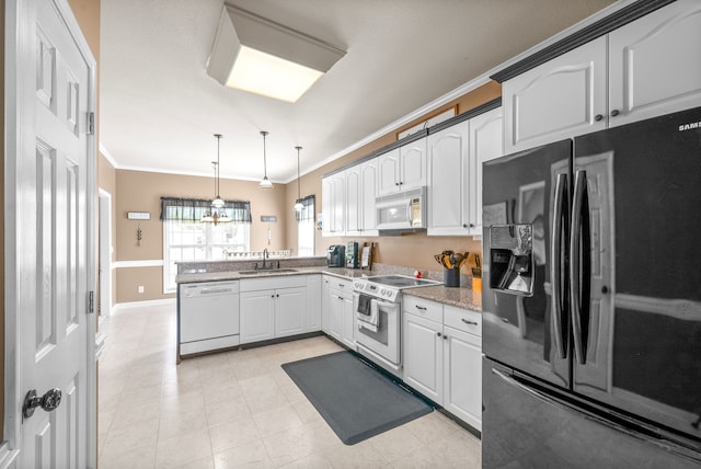 kitchen with white cabinetry, white appliances, decorative light fixtures, ornamental molding, and sink