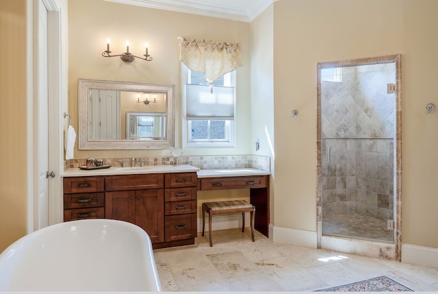 bathroom featuring independent shower and bath, vanity, and crown molding