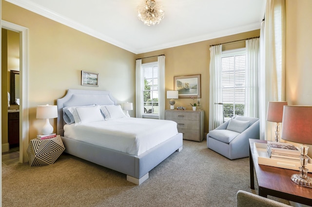 bedroom with light carpet, multiple windows, and ornamental molding