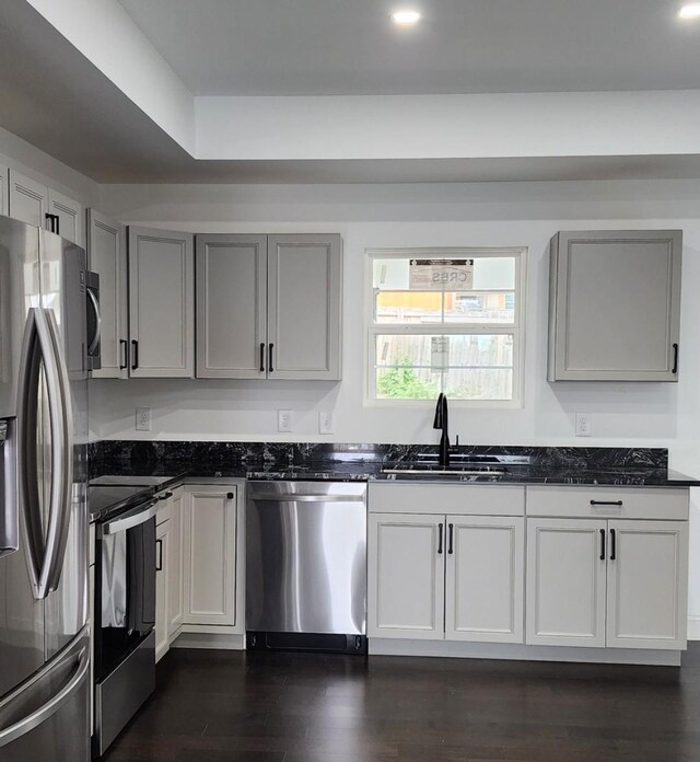 kitchen featuring gray cabinetry, dark hardwood / wood-style flooring, sink, and stainless steel appliances