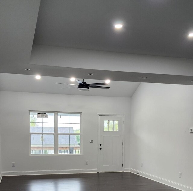 foyer entrance featuring ceiling fan, plenty of natural light, and dark hardwood / wood-style flooring