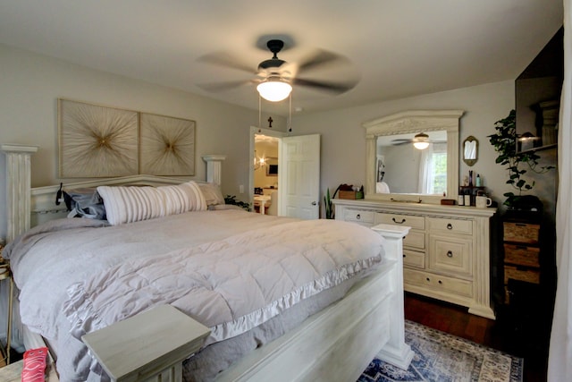 bedroom featuring ceiling fan and dark hardwood / wood-style flooring