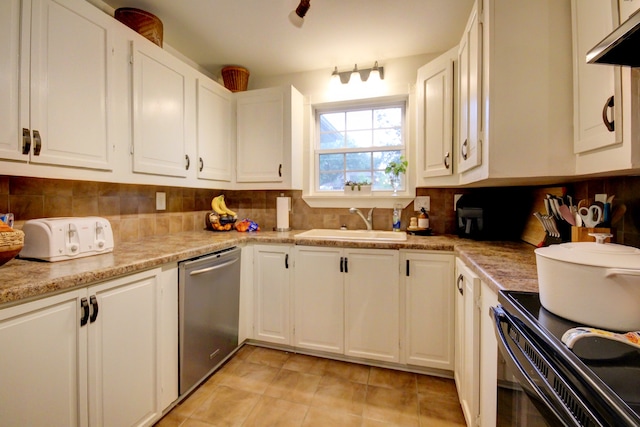 kitchen with decorative backsplash, white cabinets, sink, dishwasher, and black range with electric stovetop