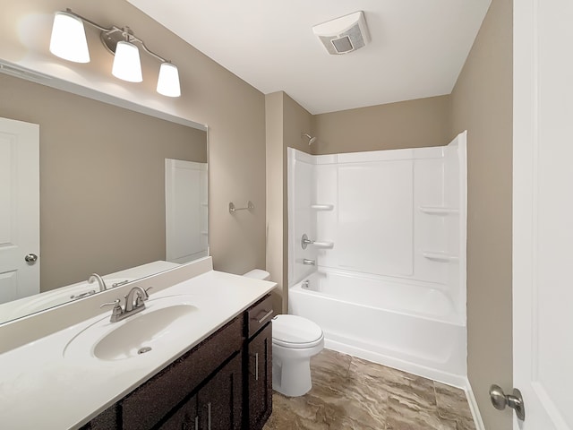 full bathroom with bathing tub / shower combination, vanity, and toilet