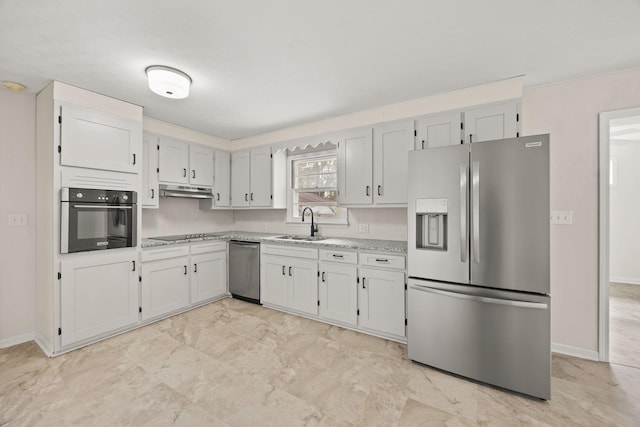 314 Robin Rd, Bowling Green, KY 42101 - kitchen with black appliances, light stone counters, under cabinet range hood, a sink, and baseboards