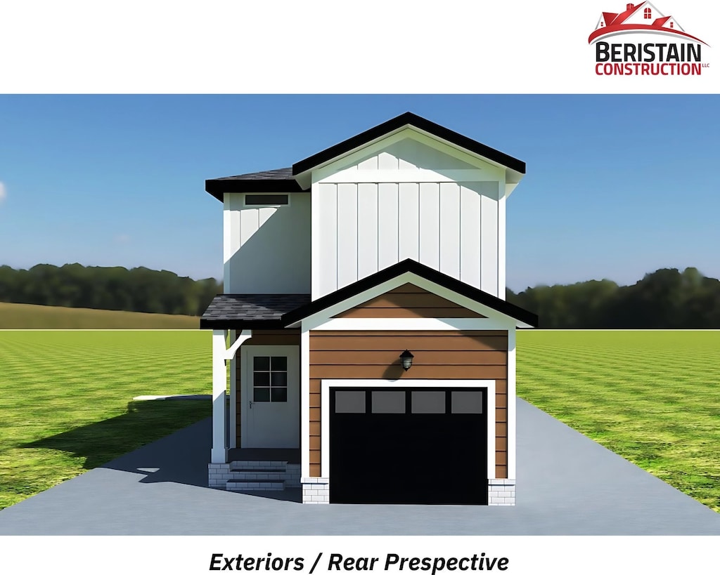 view of front facade featuring a rural view, a garage, and a front lawn