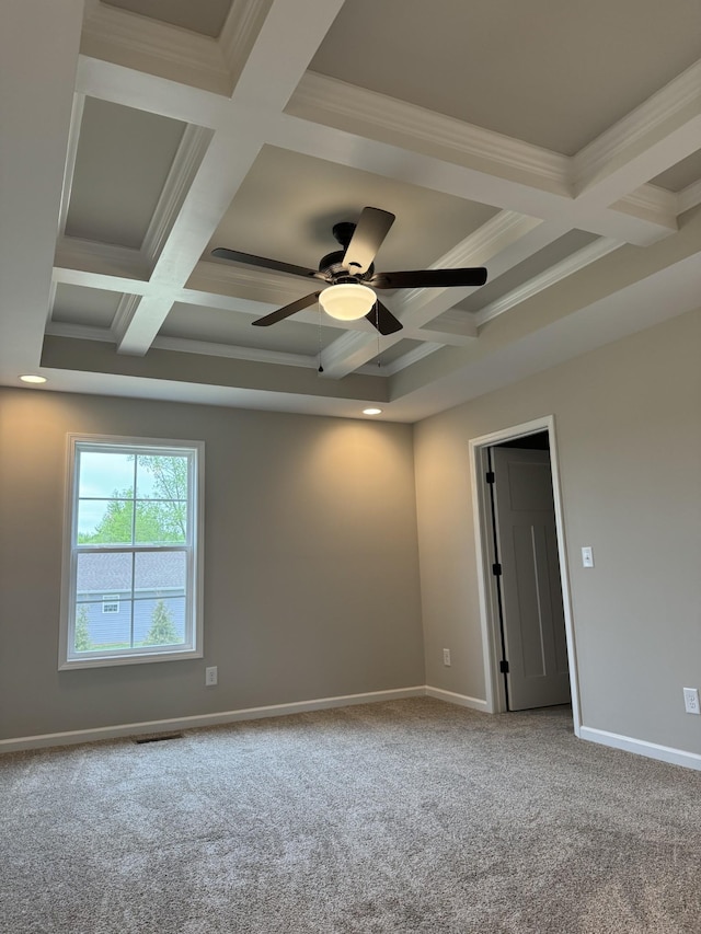 104 Thacker Dr, Portland, TN 37148 - carpeted empty room with coffered ceiling, crown molding, beam ceiling, baseboards, and ceiling fan