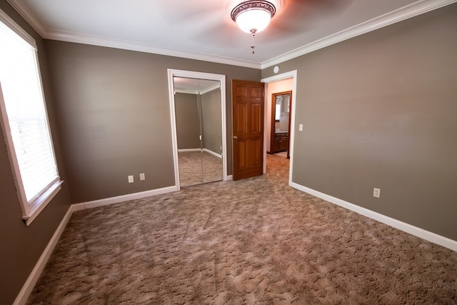 unfurnished bedroom featuring ceiling fan, carpet floors, and crown molding