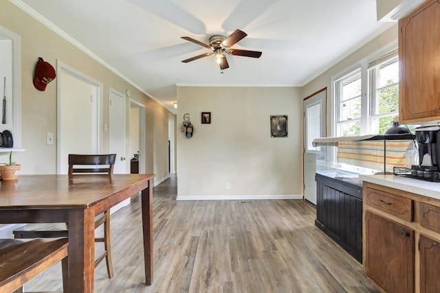 kitchen with ceiling fan, light hardwood / wood-style floors, and ornamental molding