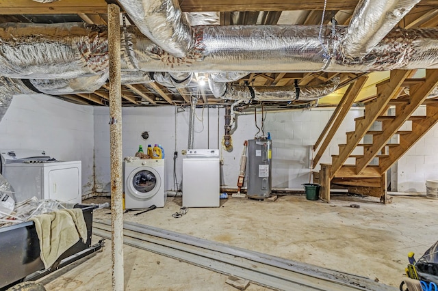 basement featuring washer and clothes dryer and electric water heater