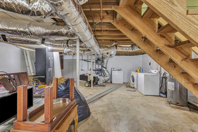 basement featuring washer and clothes dryer and electric water heater