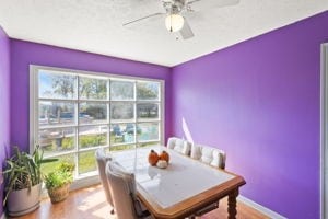 dining room featuring hardwood / wood-style flooring, ceiling fan, and a healthy amount of sunlight