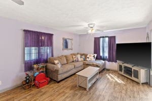 living room with ceiling fan and light wood-type flooring