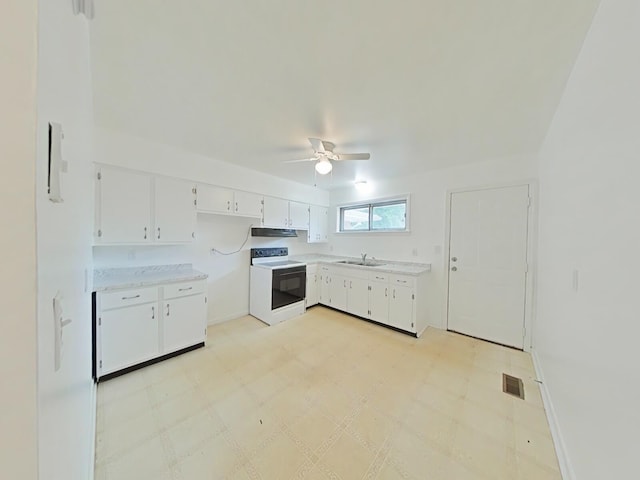 kitchen featuring white cabinetry, electric stove, ventilation hood, ceiling fan, and sink