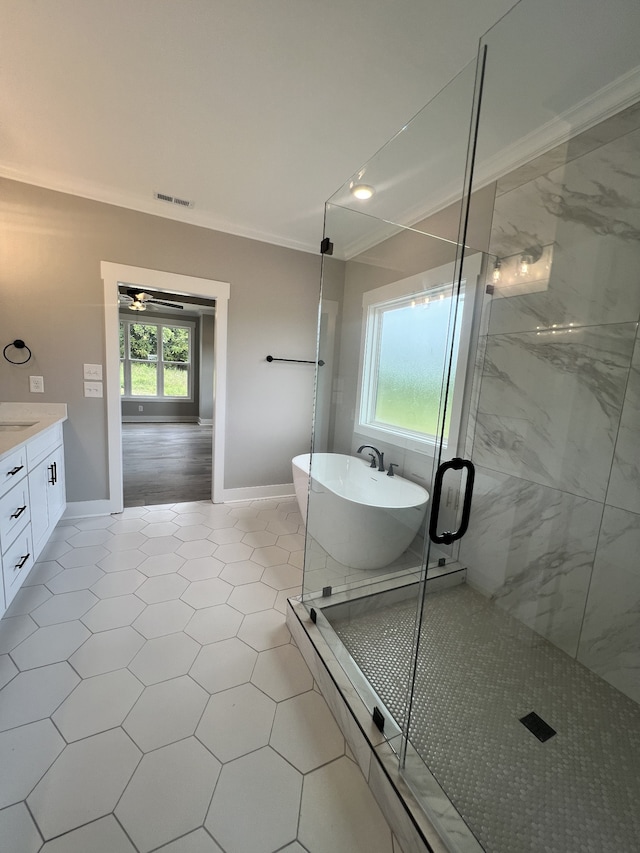 bathroom featuring ornamental molding, a wealth of natural light, vanity, and separate shower and tub